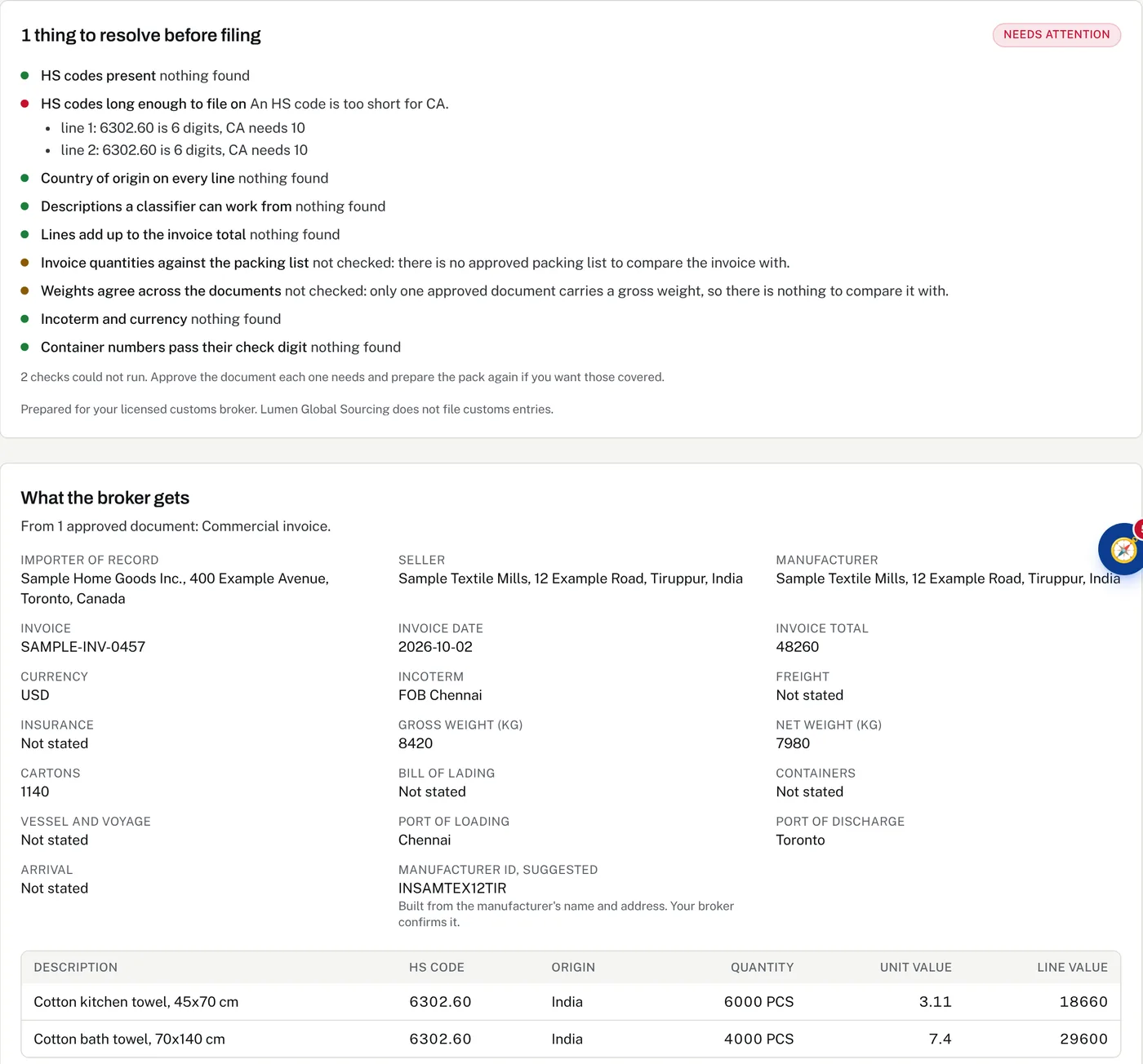 A broker customs data pack in Lumen: the checks on a sample shipment, then the importer, seller, invoice details and lines the broker gets.