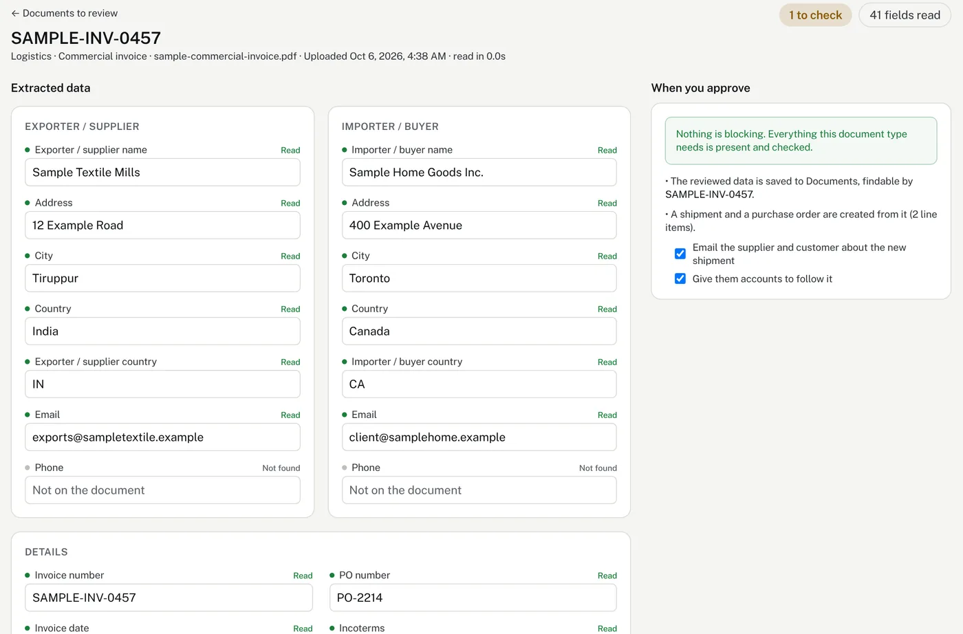 The review screen in Lumen: a sample commercial invoice from Sample Textile Mills to Sample Home Goods Inc., with each field read and one marked to check.